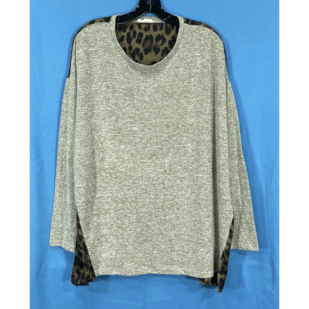 EASEL Heather Green Knit GEORGETTE LEOPARD ANIMAL BACKING Oversized BLOUSE/TOP M